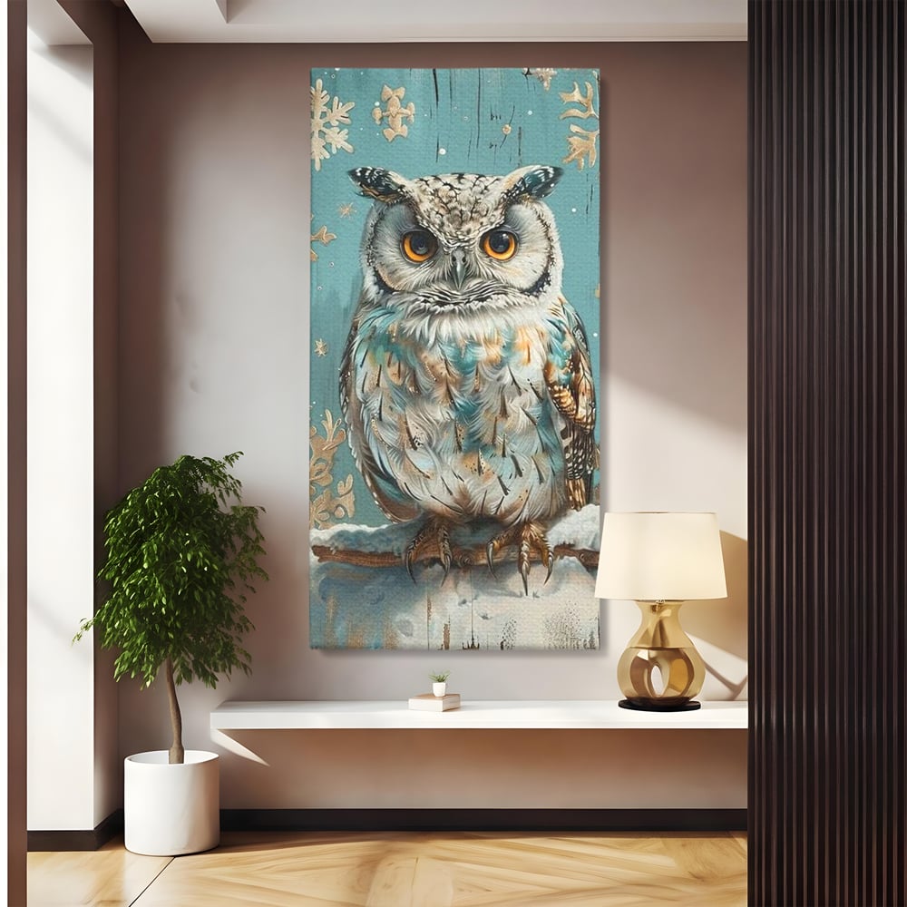 Tablou Canvas Premium, LuxCanva® M1055, Strajerul Iernatic, Bufnita, Iarna, Zapada, Fulgi, Pasare, Ramura, Rustic, Intelepciune, Rece, Birou, Living, Camera Copil