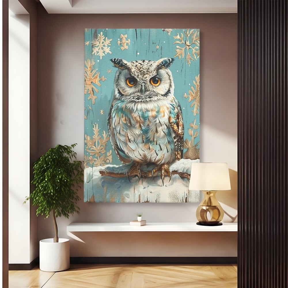 Tablou Canvas Premium, LuxCanva® M1055, Strajerul Iernatic, Bufnita, Iarna, Zapada, Fulgi, Pasare, Ramura, Rustic, Intelepciune, Rece, Birou, Living, Camera Copil