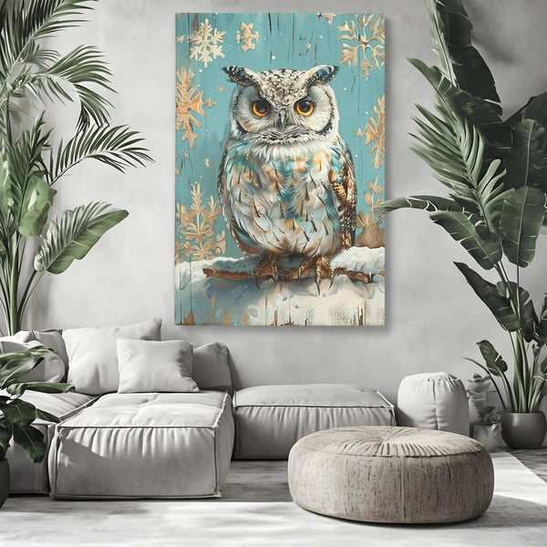Tablou Canvas Premium, LuxCanva® M1055, Strajerul Iernatic, Bufnita, Iarna, Zapada, Fulgi, Pasare, Ramura, Rustic, Intelepciune, Rece, Birou, Living, Camera Copil