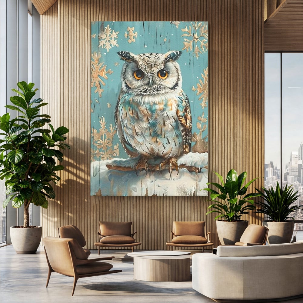 Tablou Canvas Premium, LuxCanva® M1055, Strajerul Iernatic, Bufnita, Iarna, Zapada, Fulgi, Pasare, Ramura, Rustic, Intelepciune, Rece, Birou, Living, Camera Copil