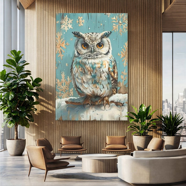 Tablou Canvas Premium, LuxCanva® M1055, Strajerul Iernatic, Bufnita, Iarna, Zapada, Fulgi, Pasare, Ramura, Rustic, Intelepciune, Rece, Birou, Living, Camera Copil