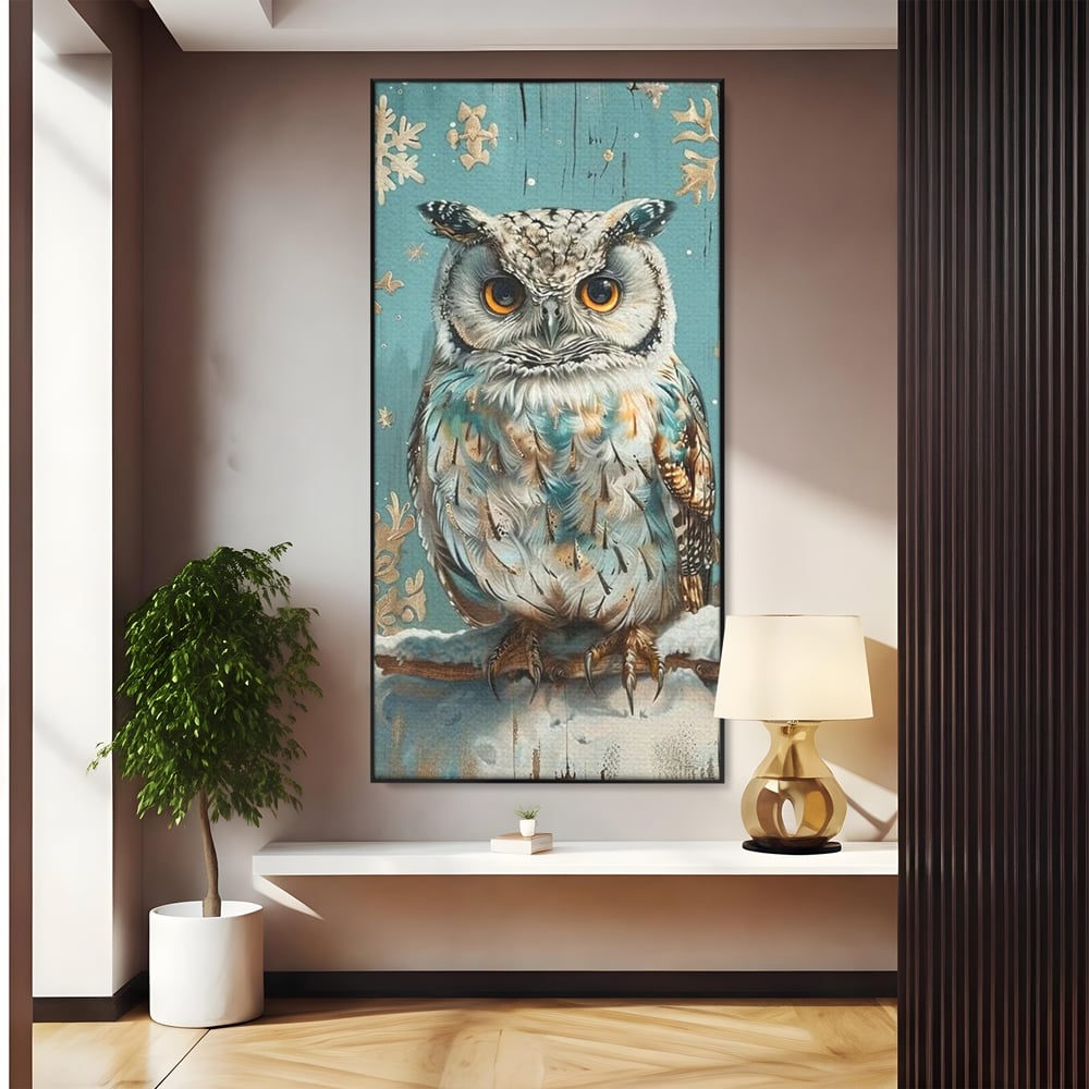 Tablou Canvas Premium, LuxCanva® M1055, Strajerul Iernatic, Bufnita, Iarna, Zapada, Fulgi, Pasare, Ramura, Rustic, Intelepciune, Rece, Birou, Living, Camera Copil