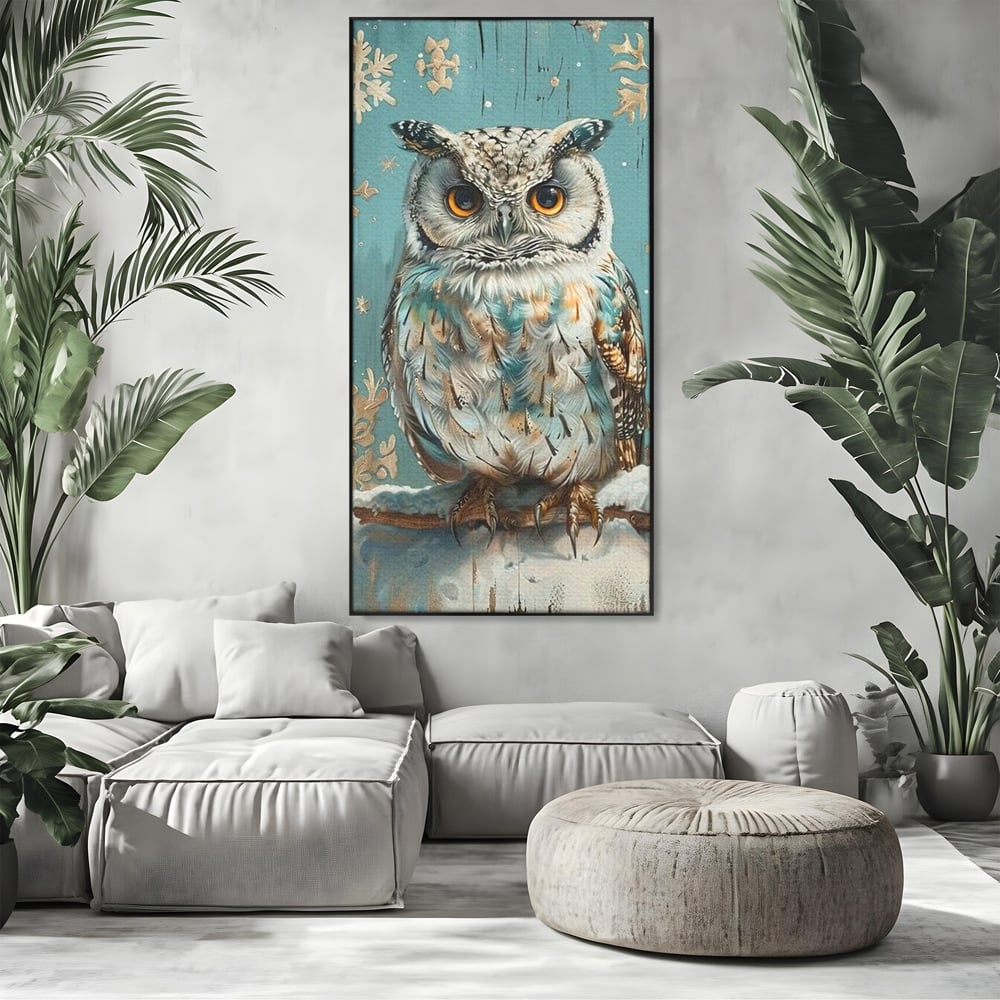 Tablou Canvas Premium, LuxCanva® M1055, Strajerul Iernatic, Bufnita, Iarna, Zapada, Fulgi, Pasare, Ramura, Rustic, Intelepciune, Rece, Birou, Living, Camera Copil
