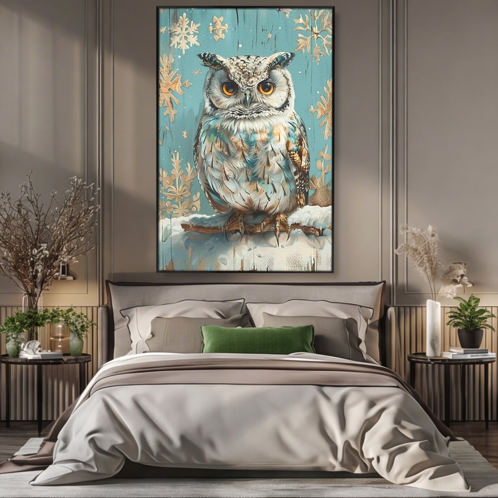 Tablou Canvas Premium, LuxCanva® M1055, Strajerul Iernatic, Bufnita, Iarna, Zapada, Fulgi, Pasare, Ramura, Rustic, Intelepciune, Rece, Birou, Living, Camera Copil