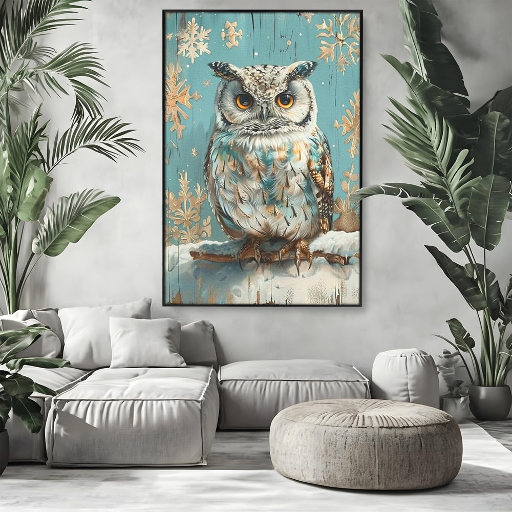 Tablou Canvas Premium, LuxCanva® M1055, Strajerul Iernatic, Bufnita, Iarna, Zapada, Fulgi, Pasare, Ramura, Rustic, Intelepciune, Rece, Birou, Living, Camera Copil