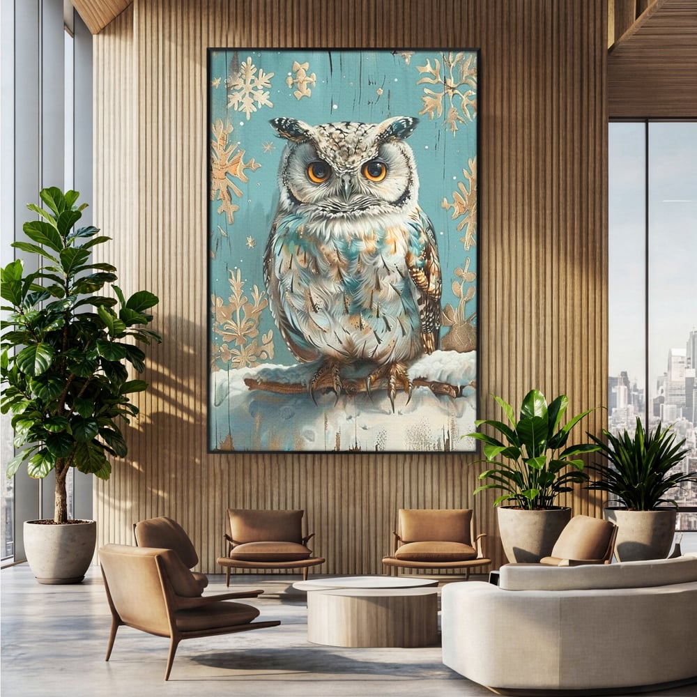 Tablou Canvas Premium, LuxCanva® M1055, Strajerul Iernatic, Bufnita, Iarna, Zapada, Fulgi, Pasare, Ramura, Rustic, Intelepciune, Rece, Birou, Living, Camera Copil