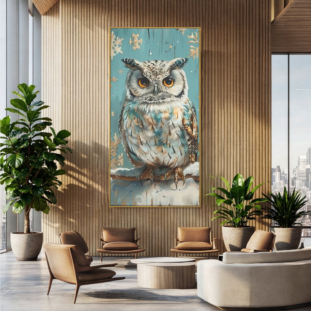 Tablou Canvas Premium, LuxCanva® M1055, Strajerul Iernatic, Bufnita, Iarna, Zapada, Fulgi, Pasare, Ramura, Rustic, Intelepciune, Rece, Birou, Living, Camera Copil