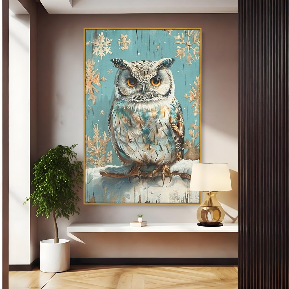Tablou Canvas Premium, LuxCanva® M1055, Strajerul Iernatic, Bufnita, Iarna, Zapada, Fulgi, Pasare, Ramura, Rustic, Intelepciune, Rece, Birou, Living, Camera Copil