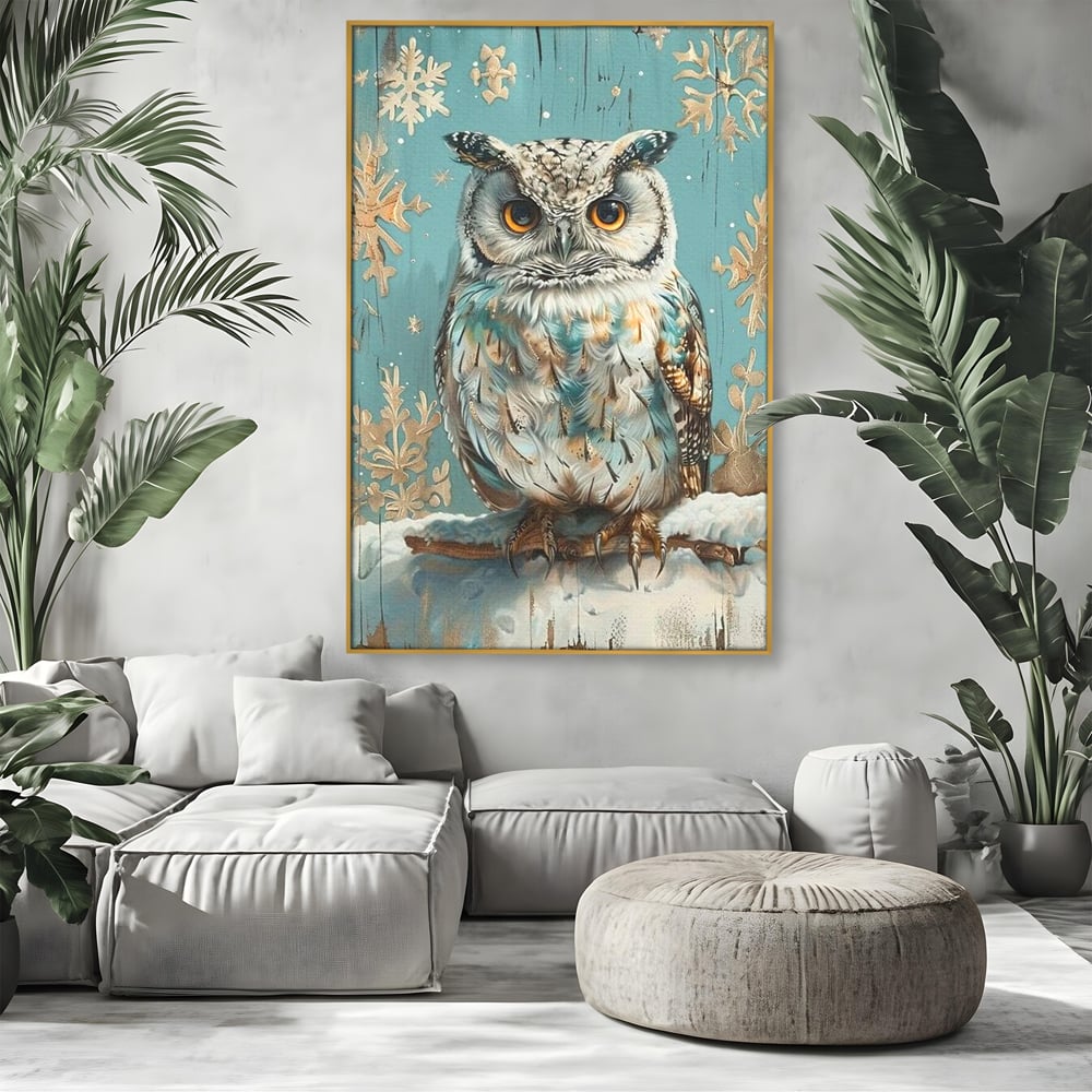 Tablou Canvas Premium, LuxCanva® M1055, Strajerul Iernatic, Bufnita, Iarna, Zapada, Fulgi, Pasare, Ramura, Rustic, Intelepciune, Rece, Birou, Living, Camera Copil