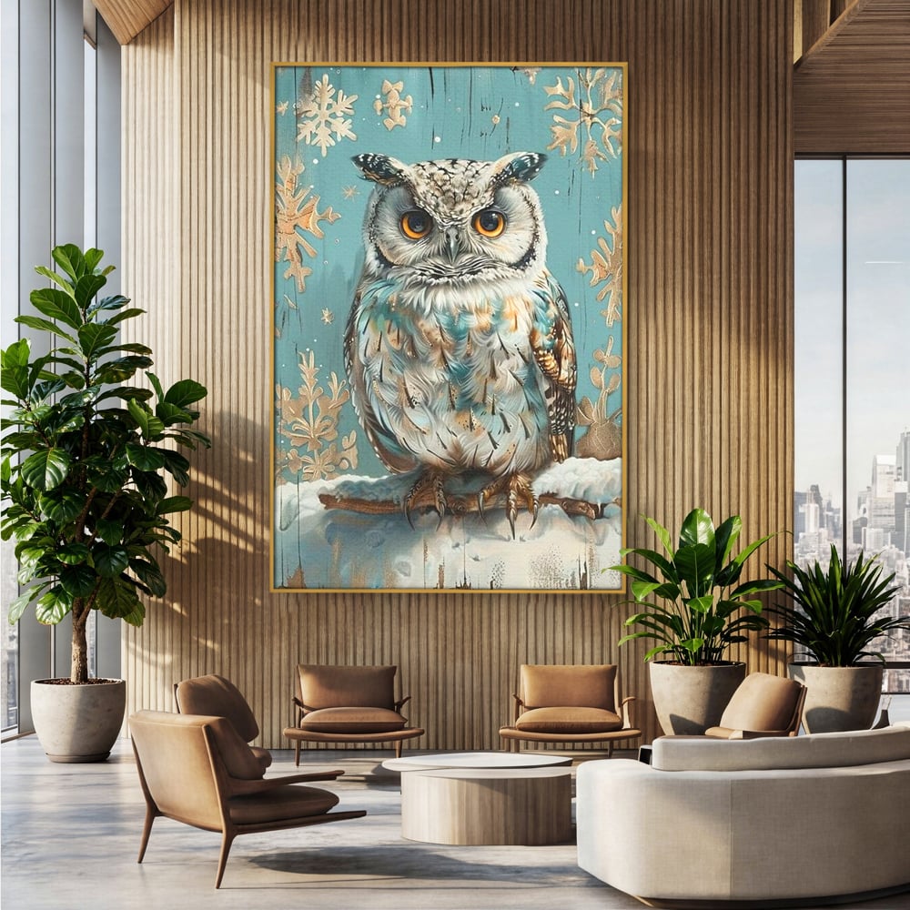 Tablou Canvas Premium, LuxCanva® M1055, Strajerul Iernatic, Bufnita, Iarna, Zapada, Fulgi, Pasare, Ramura, Rustic, Intelepciune, Rece, Birou, Living, Camera Copil