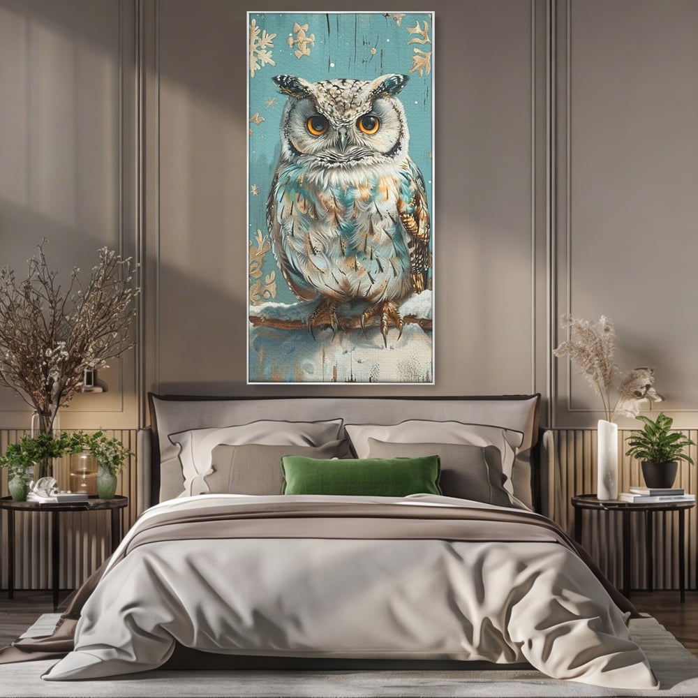 Tablou Canvas Premium, LuxCanva® M1055, Strajerul Iernatic, Bufnita, Iarna, Zapada, Fulgi, Pasare, Ramura, Rustic, Intelepciune, Rece, Birou, Living, Camera Copil