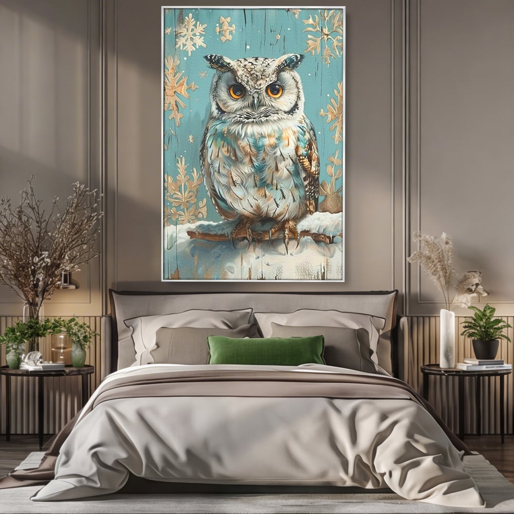 Tablou Canvas Premium, LuxCanva® M1055, Strajerul Iernatic, Bufnita, Iarna, Zapada, Fulgi, Pasare, Ramura, Rustic, Intelepciune, Rece, Birou, Living, Camera Copil