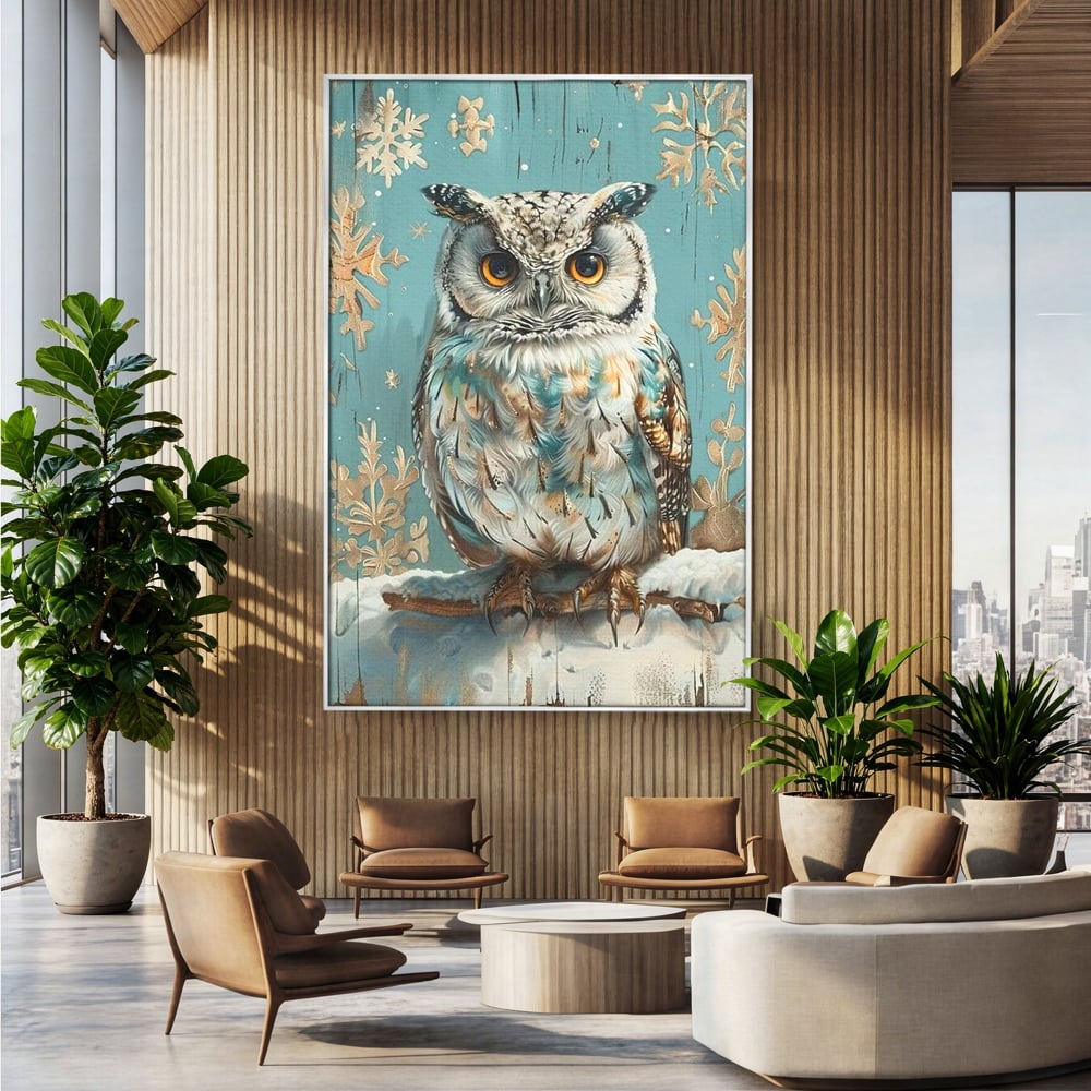Tablou Canvas Premium, LuxCanva® M1055, Strajerul Iernatic, Bufnita, Iarna, Zapada, Fulgi, Pasare, Ramura, Rustic, Intelepciune, Rece, Birou, Living, Camera Copil