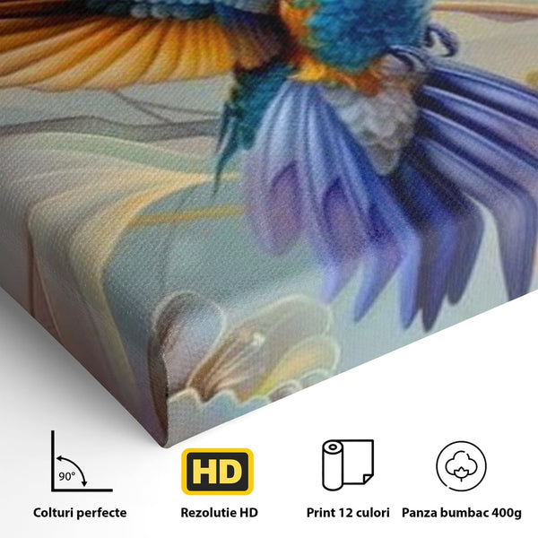 Tablou Canvas Premium, LuxCanva® M1056, Murmurul Florii Celeste, Colibri, Zbor, Eteric, Floare, Pasare, Delicatete, Eleganta, Mistic, Vis, Birou, Living, Camera Copil