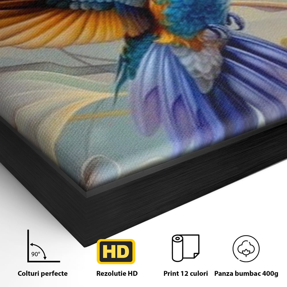 Tablou Canvas Premium, LuxCanva® M1056, Murmurul Florii Celeste, Colibri, Zbor, Eteric, Floare, Pasare, Delicatete, Eleganta, Mistic, Vis, Birou, Living, Camera Copil