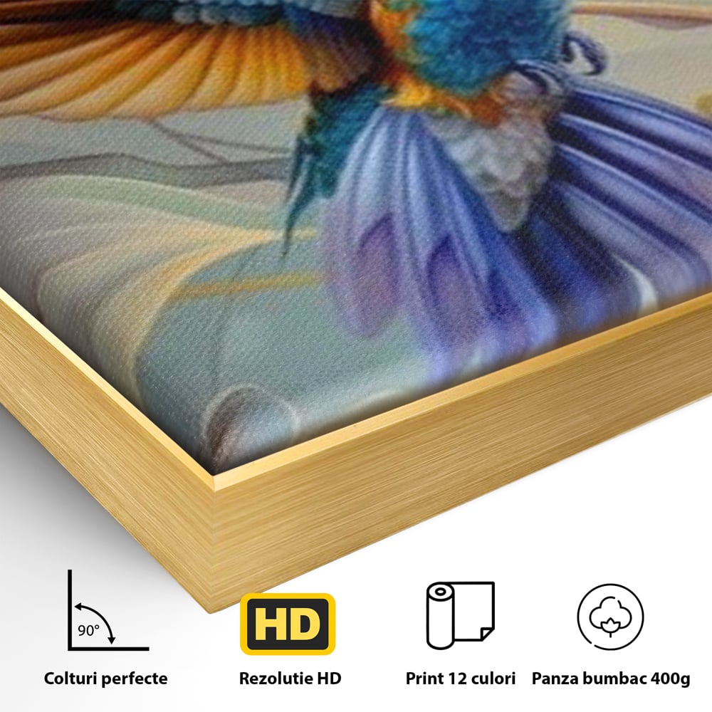 Tablou Canvas Premium, LuxCanva® M1056, Murmurul Florii Celeste, Colibri, Zbor, Eteric, Floare, Pasare, Delicatete, Eleganta, Mistic, Vis, Birou, Living, Camera Copil