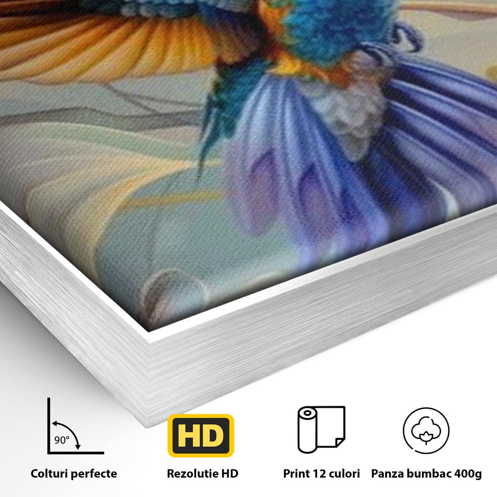 Tablou Canvas Premium, LuxCanva® M1056, Murmurul Florii Celeste, Colibri, Zbor, Eteric, Floare, Pasare, Delicatete, Eleganta, Mistic, Vis, Birou, Living, Camera Copil