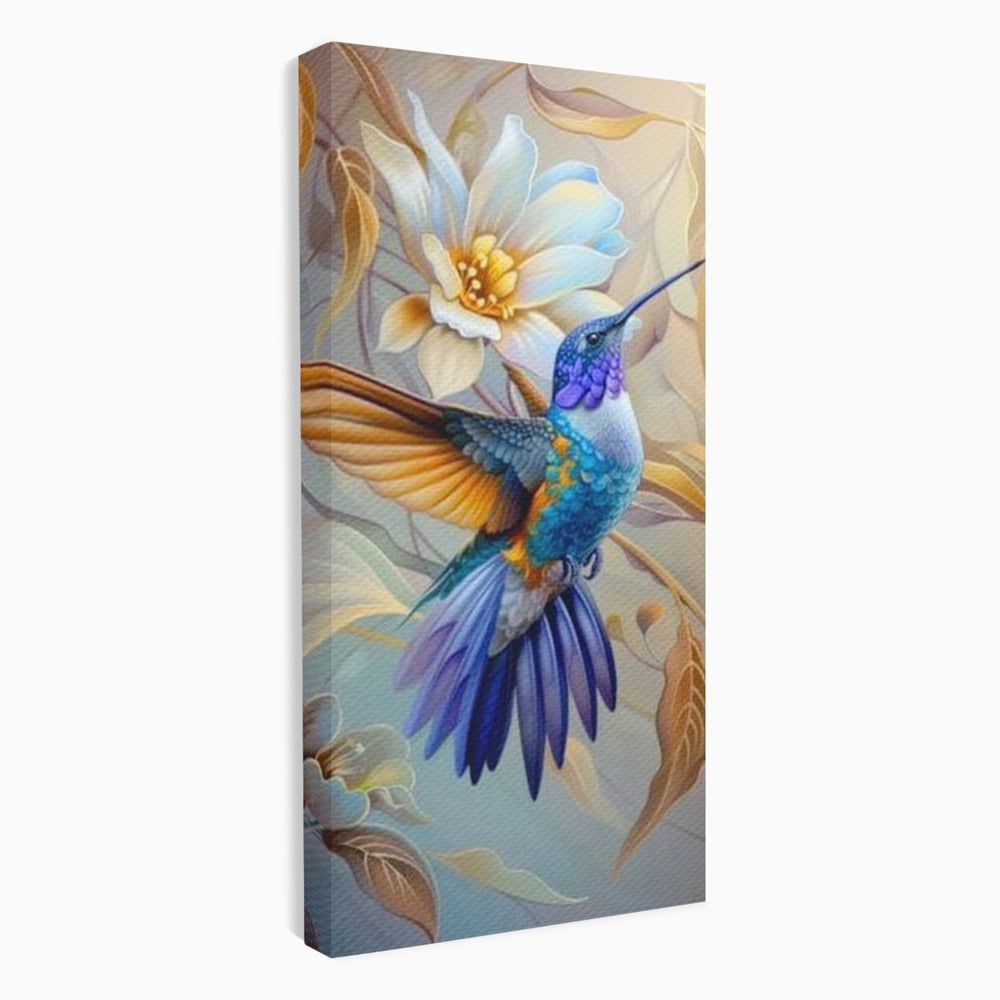 Tablou Canvas Premium, LuxCanva® M1056, Murmurul Florii Celeste, Colibri, Zbor, Eteric, Floare, Pasare, Delicatete, Eleganta, Mistic, Vis, Birou, Living, Camera Copil