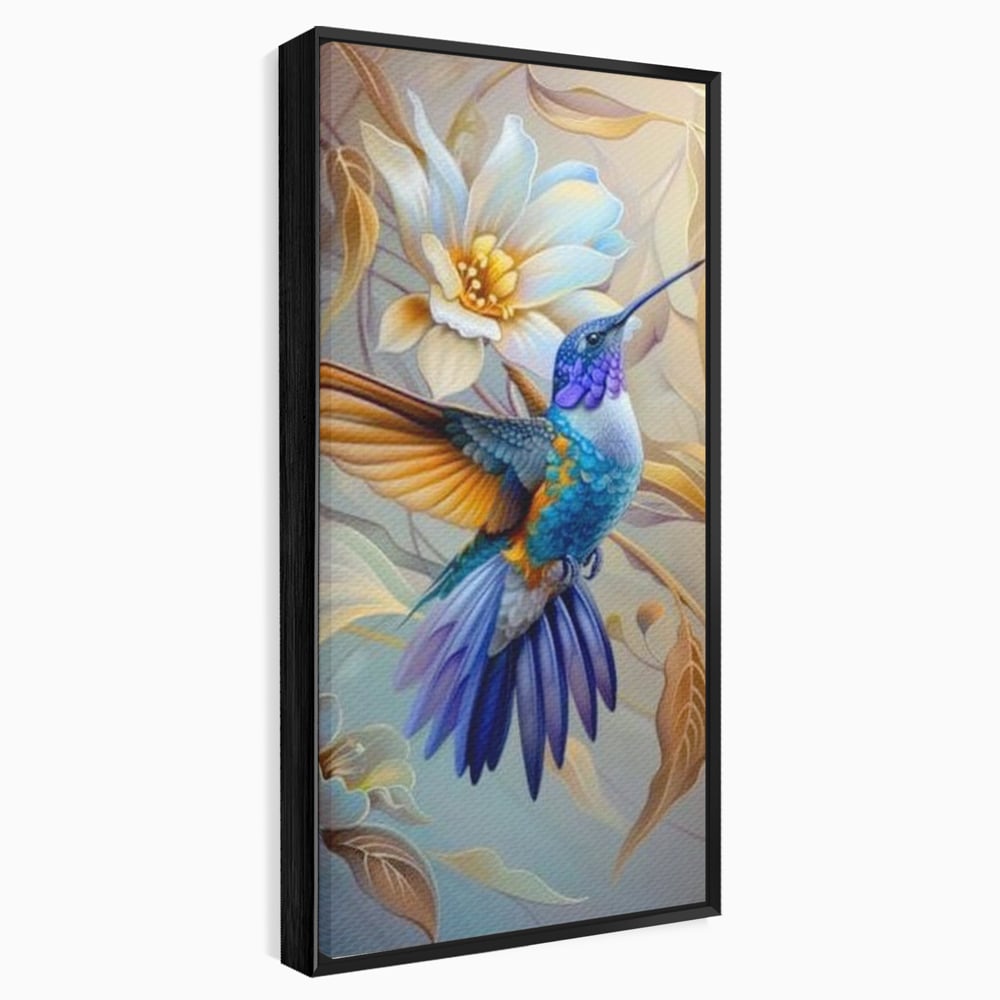 Tablou Canvas Premium, LuxCanva® M1056, Murmurul Florii Celeste, Colibri, Zbor, Eteric, Floare, Pasare, Delicatete, Eleganta, Mistic, Vis, Birou, Living, Camera Copil