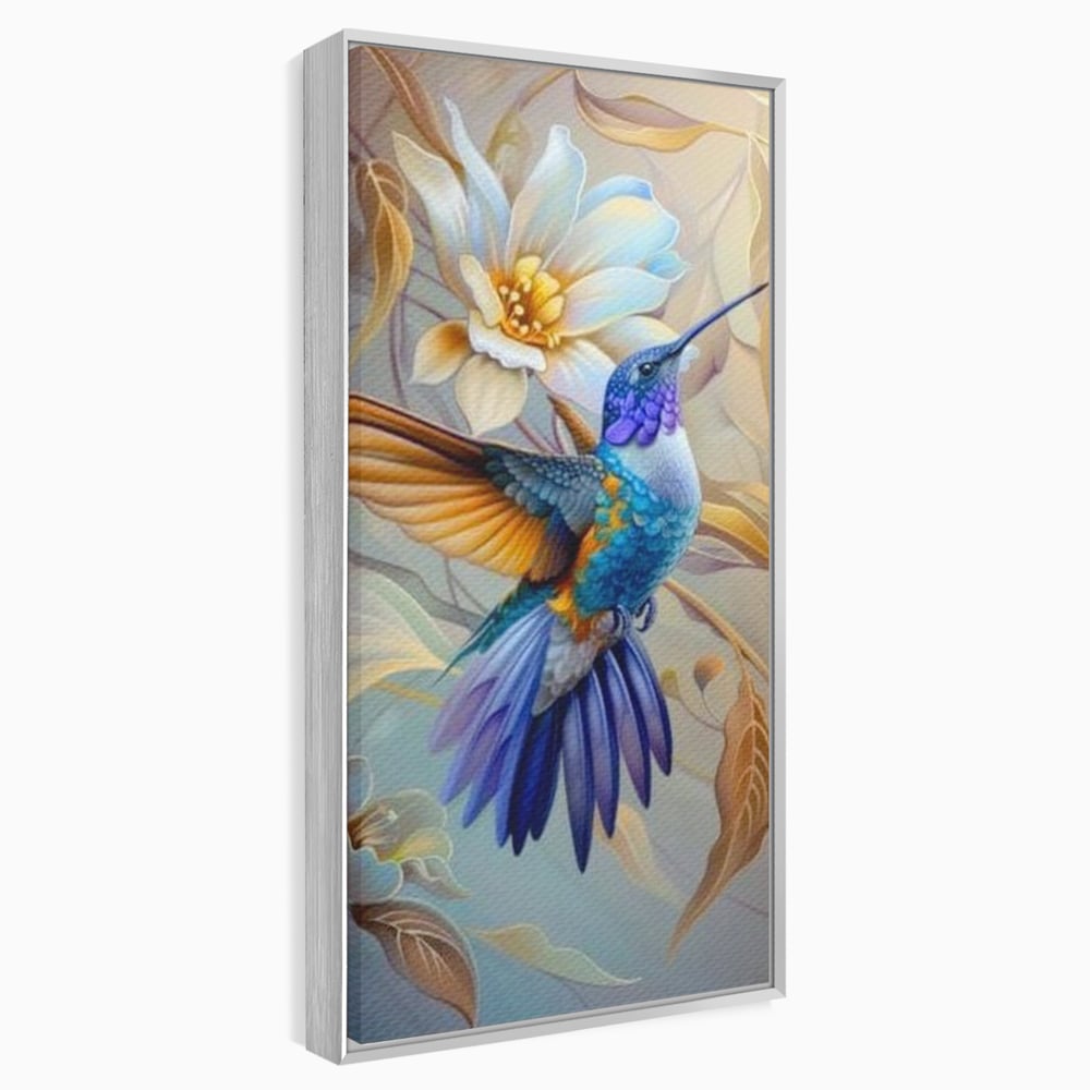 Tablou Canvas Premium, LuxCanva® M1056, Murmurul Florii Celeste, Colibri, Zbor, Eteric, Floare, Pasare, Delicatete, Eleganta, Mistic, Vis, Birou, Living, Camera Copil
