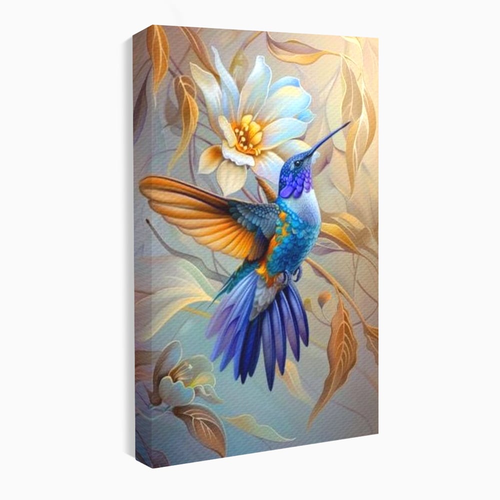 Tablou Canvas Premium, LuxCanva® M1056, Murmurul Florii Celeste, Colibri, Zbor, Eteric, Floare, Pasare, Delicatete, Eleganta, Mistic, Vis, Birou, Living, Camera Copil