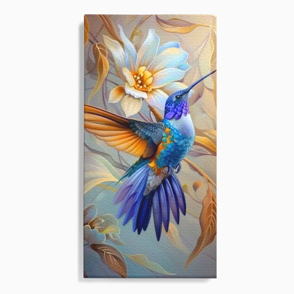 Tablou Canvas Premium, LuxCanva® M1056, Murmurul Florii Celeste, Colibri, Zbor, Eteric, Floare, Pasare, Delicatete, Eleganta, Mistic, Vis, Birou, Living, Camera Copil