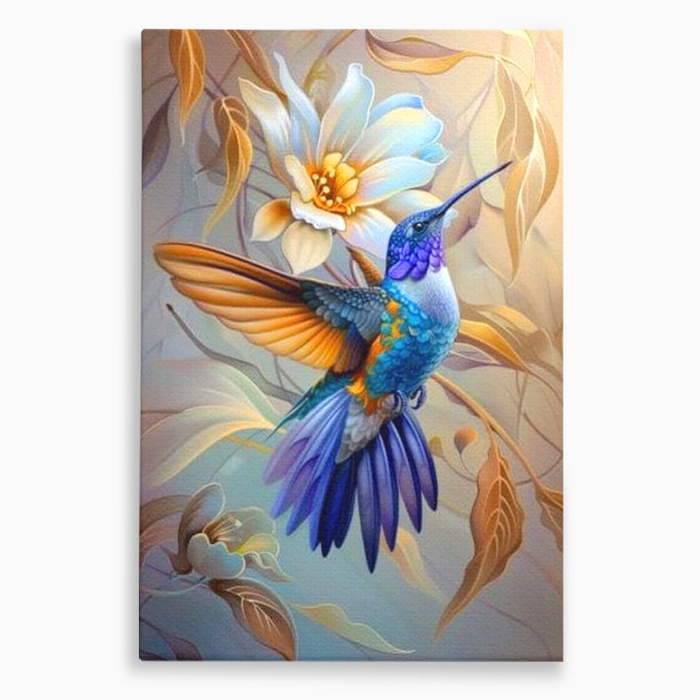 Tablou Canvas Premium, LuxCanva® M1056, Murmurul Florii Celeste, Colibri, Zbor, Eteric, Floare, Pasare, Delicatete, Eleganta, Mistic, Vis, Birou, Living, Camera Copil