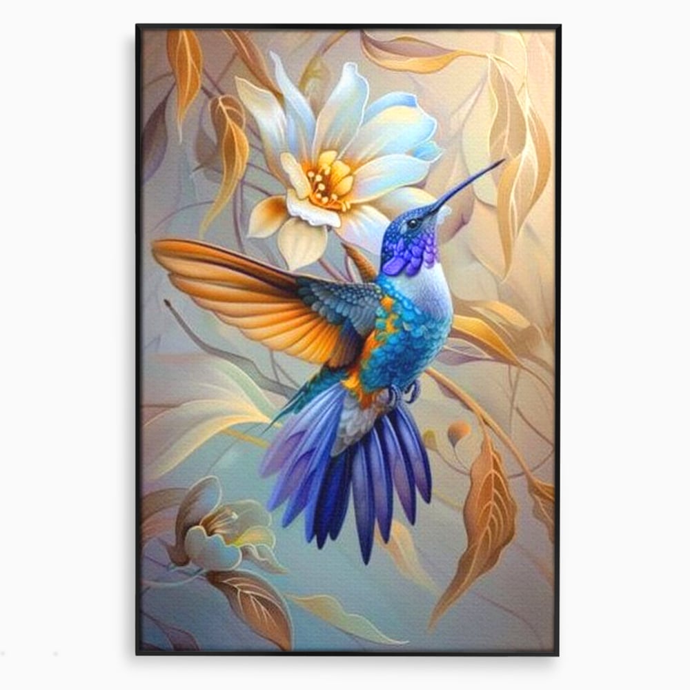 Tablou Canvas Premium, LuxCanva® M1056, Murmurul Florii Celeste, Colibri, Zbor, Eteric, Floare, Pasare, Delicatete, Eleganta, Mistic, Vis, Birou, Living, Camera Copil