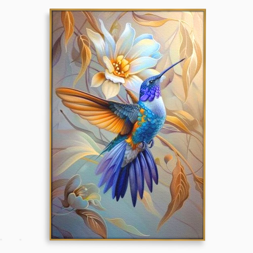 Tablou Canvas Premium, LuxCanva® M1056, Murmurul Florii Celeste, Colibri, Zbor, Eteric, Floare, Pasare, Delicatete, Eleganta, Mistic, Vis, Birou, Living, Camera Copil