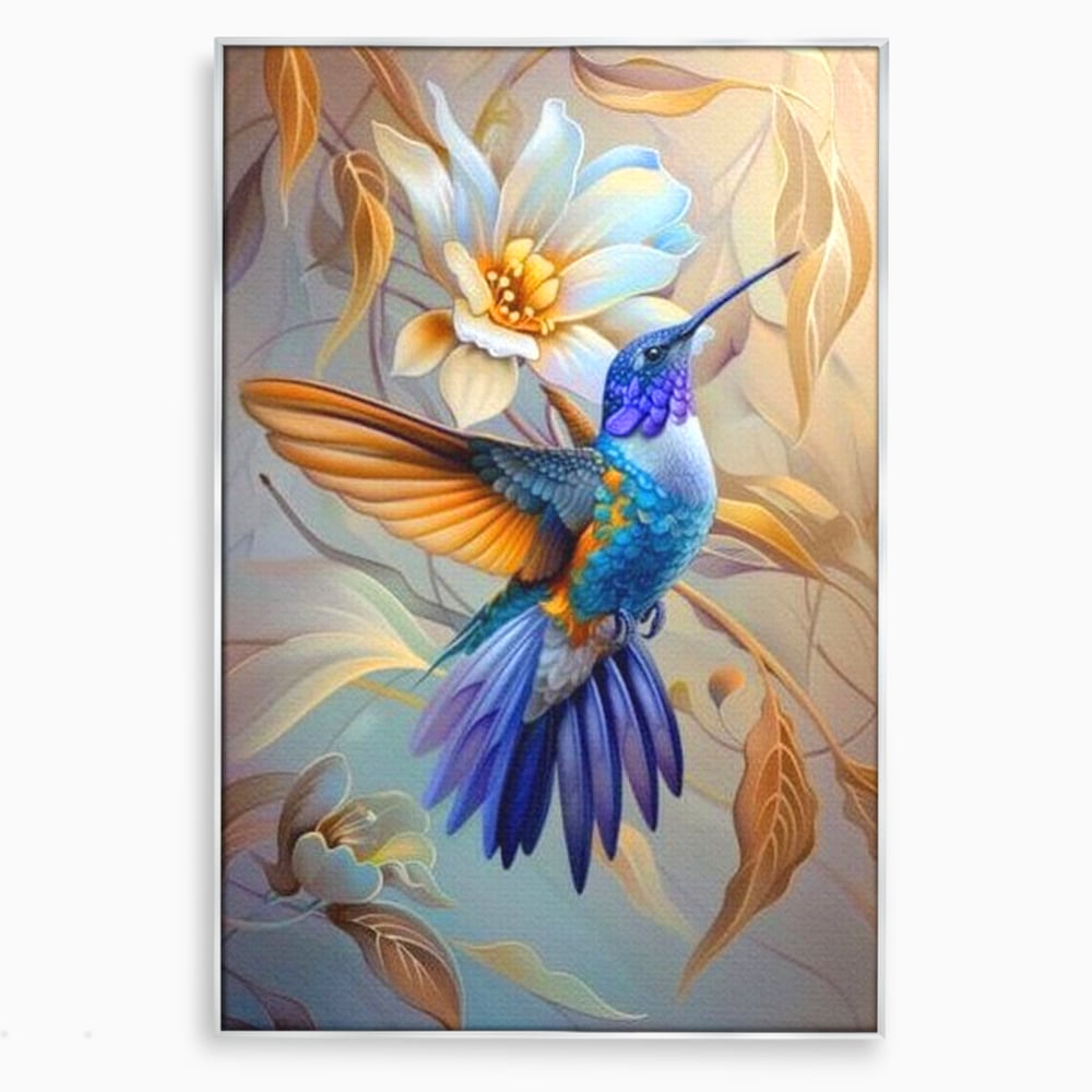 Tablou Canvas Premium, LuxCanva® M1056, Murmurul Florii Celeste, Colibri, Zbor, Eteric, Floare, Pasare, Delicatete, Eleganta, Mistic, Vis, Birou, Living, Camera Copil