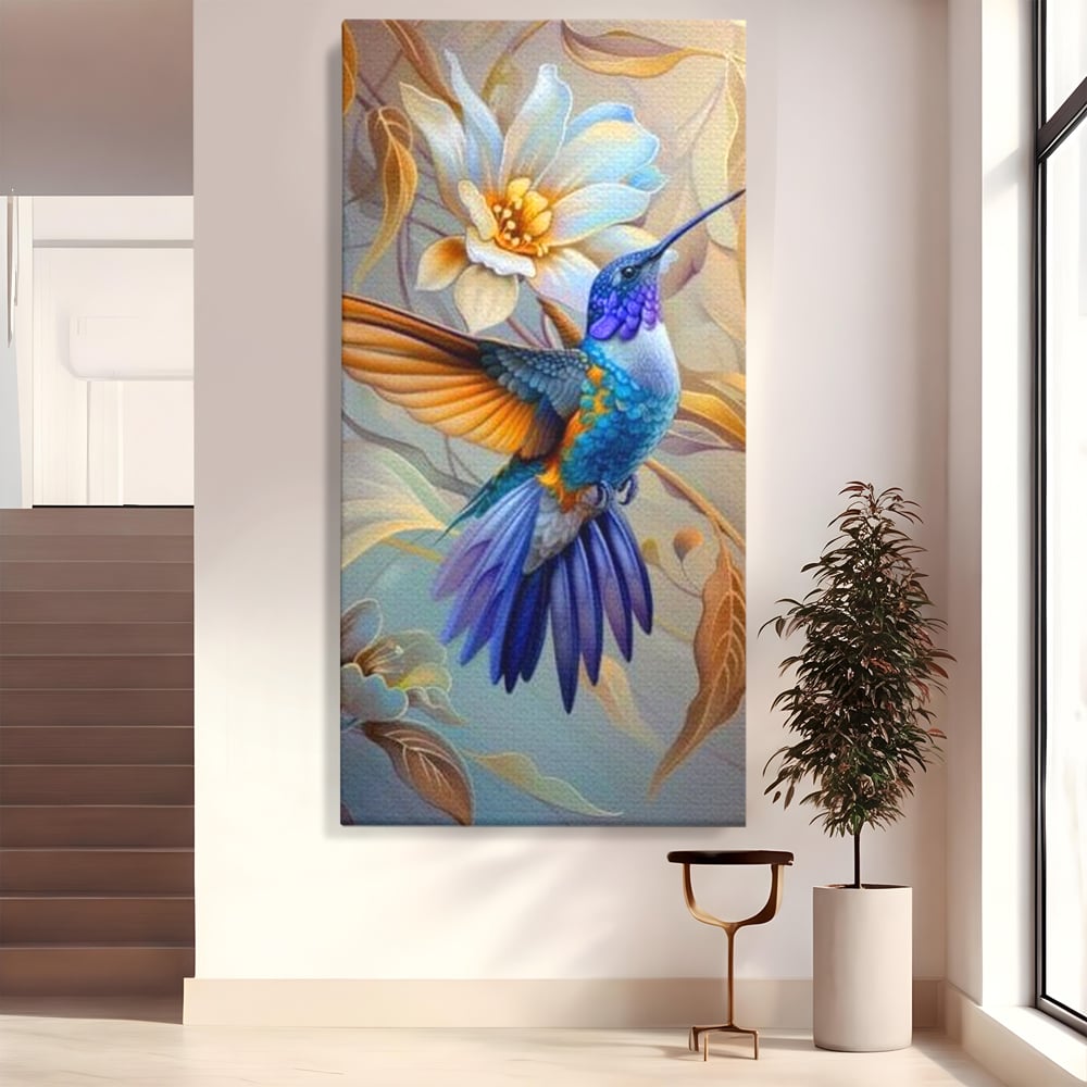 Tablou Canvas Premium, LuxCanva® M1056, Murmurul Florii Celeste, Colibri, Zbor, Eteric, Floare, Pasare, Delicatete, Eleganta, Mistic, Vis, Birou, Living, Camera Copil