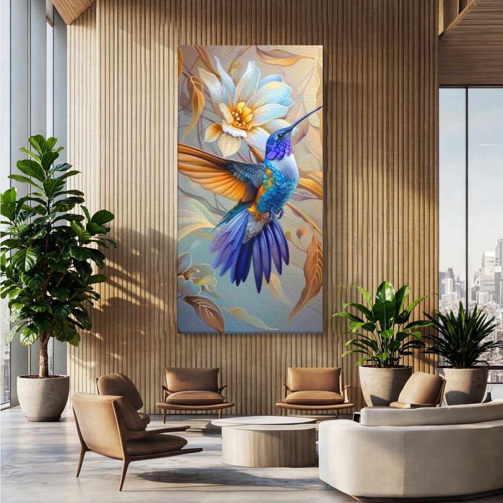 Tablou Canvas Premium, LuxCanva® M1056, Murmurul Florii Celeste, Colibri, Zbor, Eteric, Floare, Pasare, Delicatete, Eleganta, Mistic, Vis, Birou, Living, Camera Copil