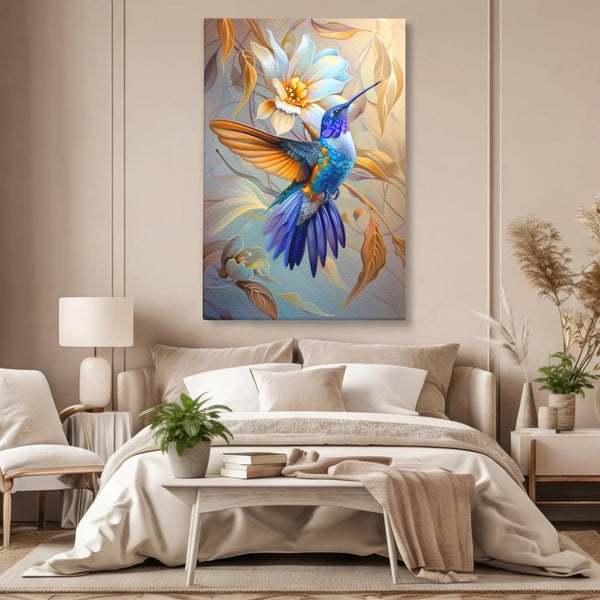 Tablou Canvas Premium, LuxCanva® M1056, Murmurul Florii Celeste, Colibri, Zbor, Eteric, Floare, Pasare, Delicatete, Eleganta, Mistic, Vis, Birou, Living, Camera Copil