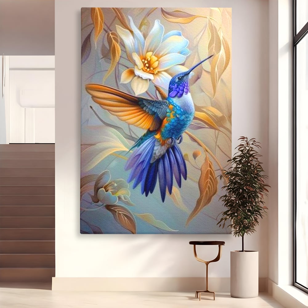 Tablou Canvas Premium, LuxCanva® M1056, Murmurul Florii Celeste, Colibri, Zbor, Eteric, Floare, Pasare, Delicatete, Eleganta, Mistic, Vis, Birou, Living, Camera Copil