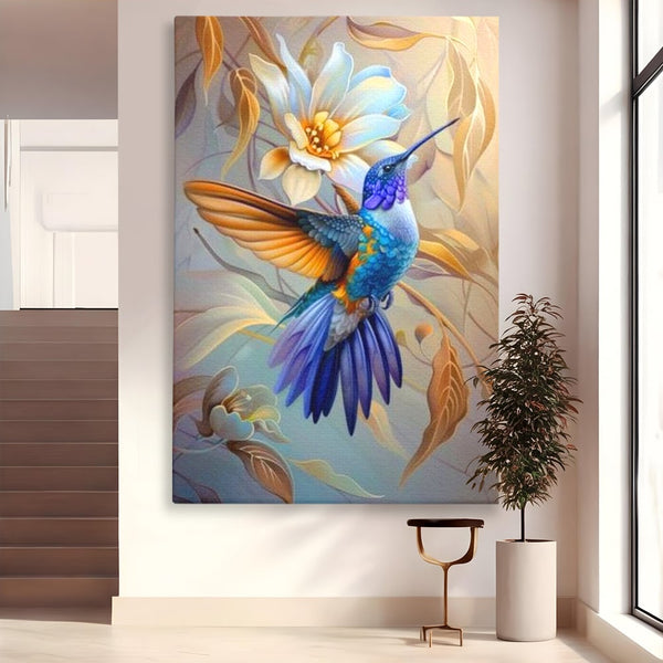 Tablou Canvas Premium, LuxCanva® M1056, Murmurul Florii Celeste, Colibri, Zbor, Eteric, Floare, Pasare, Delicatete, Eleganta, Mistic, Vis, Birou, Living, Camera Copil