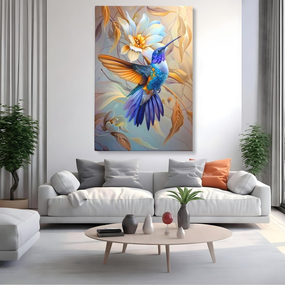 Tablou Canvas Premium, LuxCanva® M1056, Murmurul Florii Celeste, Colibri, Zbor, Eteric, Floare, Pasare, Delicatete, Eleganta, Mistic, Vis, Birou, Living, Camera Copil