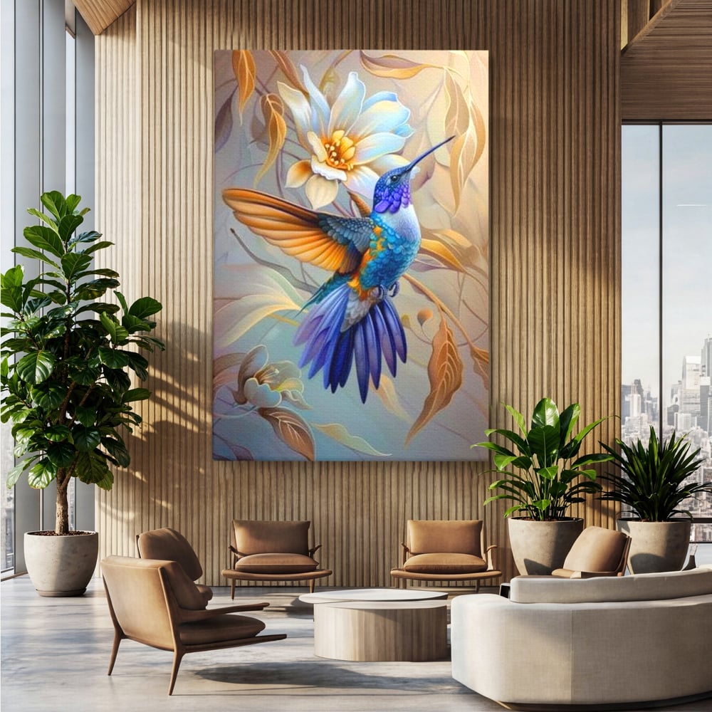 Tablou Canvas Premium, LuxCanva® M1056, Murmurul Florii Celeste, Colibri, Zbor, Eteric, Floare, Pasare, Delicatete, Eleganta, Mistic, Vis, Birou, Living, Camera Copil