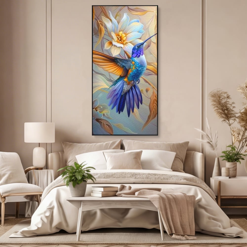 Tablou Canvas Premium, LuxCanva® M1056, Murmurul Florii Celeste, Colibri, Zbor, Eteric, Floare, Pasare, Delicatete, Eleganta, Mistic, Vis, Birou, Living, Camera Copil