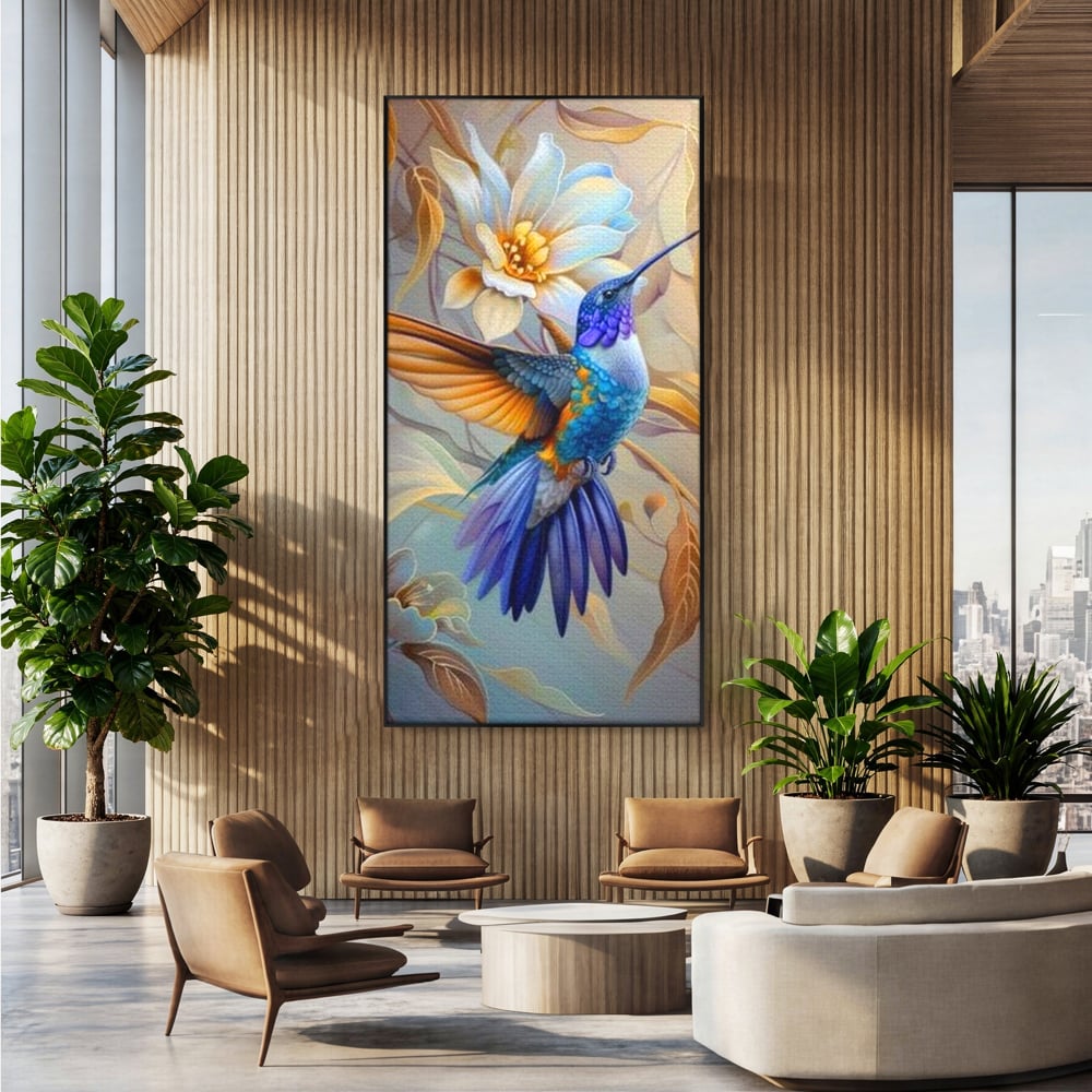 Tablou Canvas Premium, LuxCanva® M1056, Murmurul Florii Celeste, Colibri, Zbor, Eteric, Floare, Pasare, Delicatete, Eleganta, Mistic, Vis, Birou, Living, Camera Copil