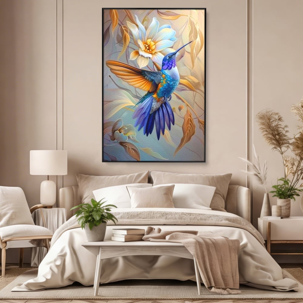 Tablou Canvas Premium, LuxCanva® M1056, Murmurul Florii Celeste, Colibri, Zbor, Eteric, Floare, Pasare, Delicatete, Eleganta, Mistic, Vis, Birou, Living, Camera Copil