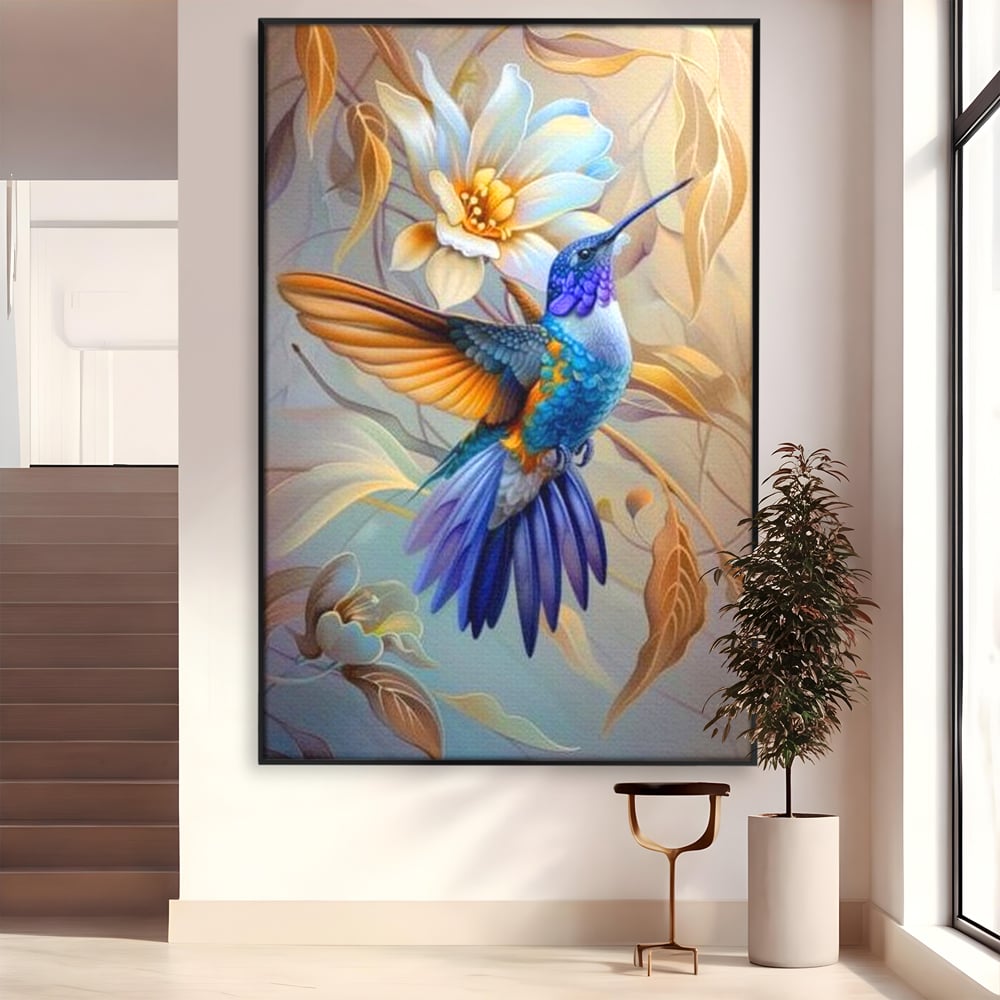 Tablou Canvas Premium, LuxCanva® M1056, Murmurul Florii Celeste, Colibri, Zbor, Eteric, Floare, Pasare, Delicatete, Eleganta, Mistic, Vis, Birou, Living, Camera Copil