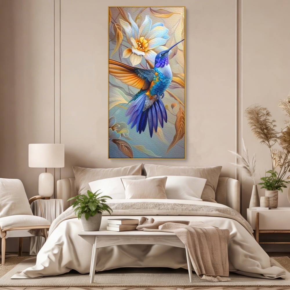Tablou Canvas Premium, LuxCanva® M1056, Murmurul Florii Celeste, Colibri, Zbor, Eteric, Floare, Pasare, Delicatete, Eleganta, Mistic, Vis, Birou, Living, Camera Copil