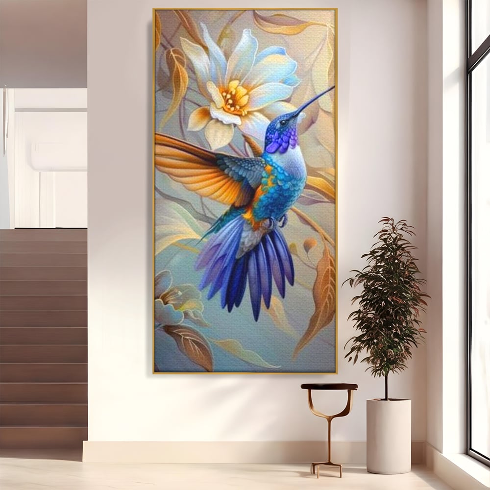 Tablou Canvas Premium, LuxCanva® M1056, Murmurul Florii Celeste, Colibri, Zbor, Eteric, Floare, Pasare, Delicatete, Eleganta, Mistic, Vis, Birou, Living, Camera Copil