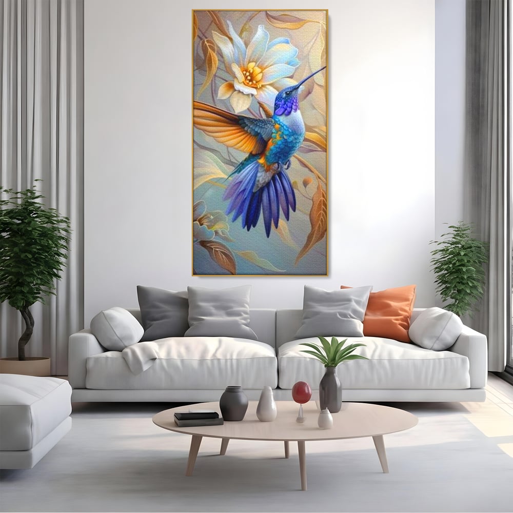 Tablou Canvas Premium, LuxCanva® M1056, Murmurul Florii Celeste, Colibri, Zbor, Eteric, Floare, Pasare, Delicatete, Eleganta, Mistic, Vis, Birou, Living, Camera Copil