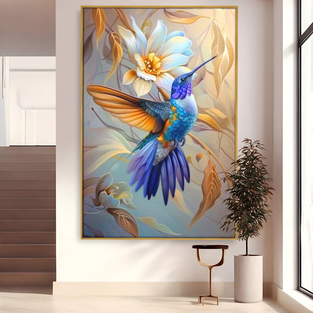 Tablou Canvas Premium, LuxCanva® M1056, Murmurul Florii Celeste, Colibri, Zbor, Eteric, Floare, Pasare, Delicatete, Eleganta, Mistic, Vis, Birou, Living, Camera Copil
