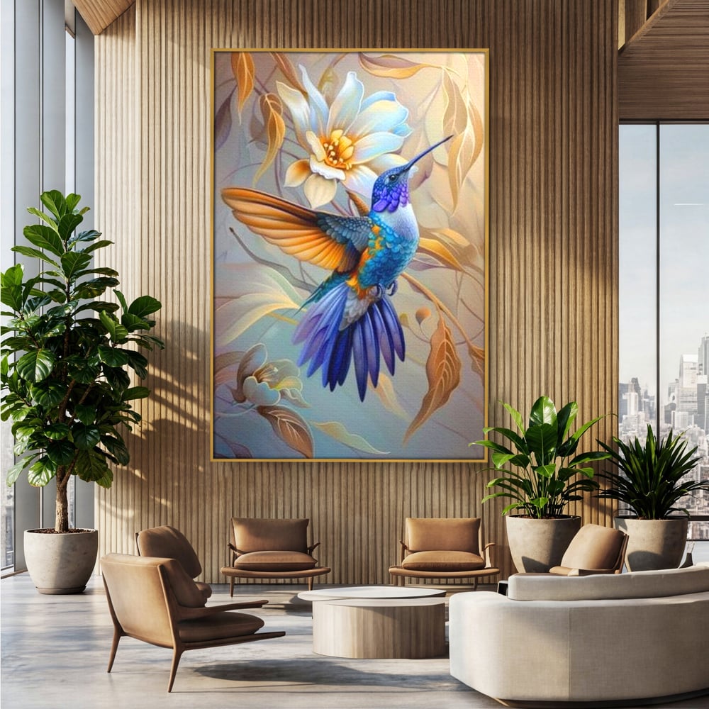 Tablou Canvas Premium, LuxCanva® M1056, Murmurul Florii Celeste, Colibri, Zbor, Eteric, Floare, Pasare, Delicatete, Eleganta, Mistic, Vis, Birou, Living, Camera Copil
