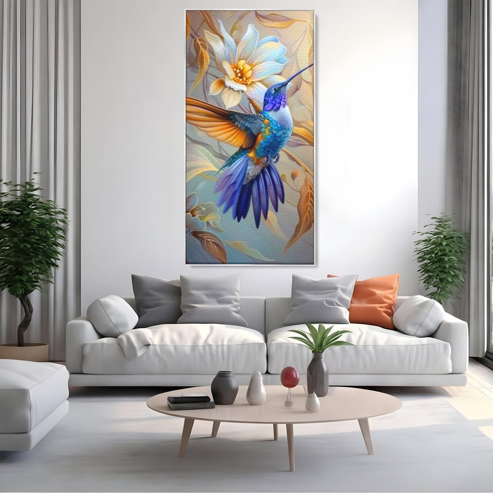 Tablou Canvas Premium, LuxCanva® M1056, Murmurul Florii Celeste, Colibri, Zbor, Eteric, Floare, Pasare, Delicatete, Eleganta, Mistic, Vis, Birou, Living, Camera Copil
