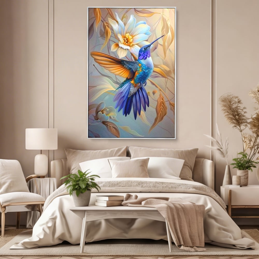 Tablou Canvas Premium, LuxCanva® M1056, Murmurul Florii Celeste, Colibri, Zbor, Eteric, Floare, Pasare, Delicatete, Eleganta, Mistic, Vis, Birou, Living, Camera Copil