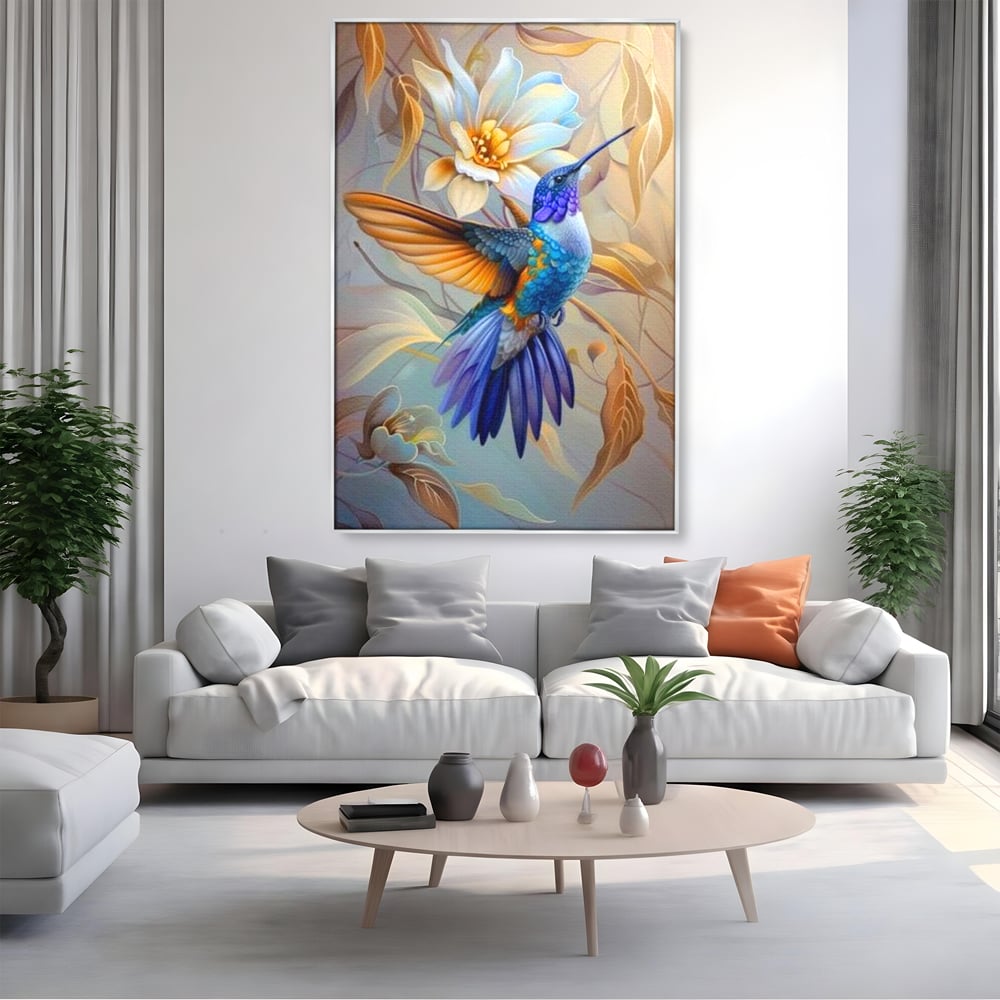 Tablou Canvas Premium, LuxCanva® M1056, Murmurul Florii Celeste, Colibri, Zbor, Eteric, Floare, Pasare, Delicatete, Eleganta, Mistic, Vis, Birou, Living, Camera Copil
