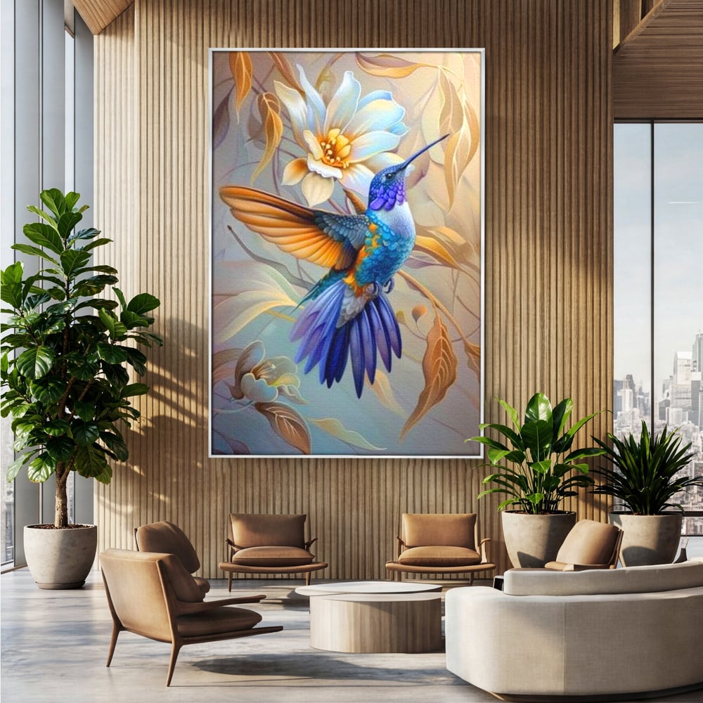 Tablou Canvas Premium, LuxCanva® M1056, Murmurul Florii Celeste, Colibri, Zbor, Eteric, Floare, Pasare, Delicatete, Eleganta, Mistic, Vis, Birou, Living, Camera Copil